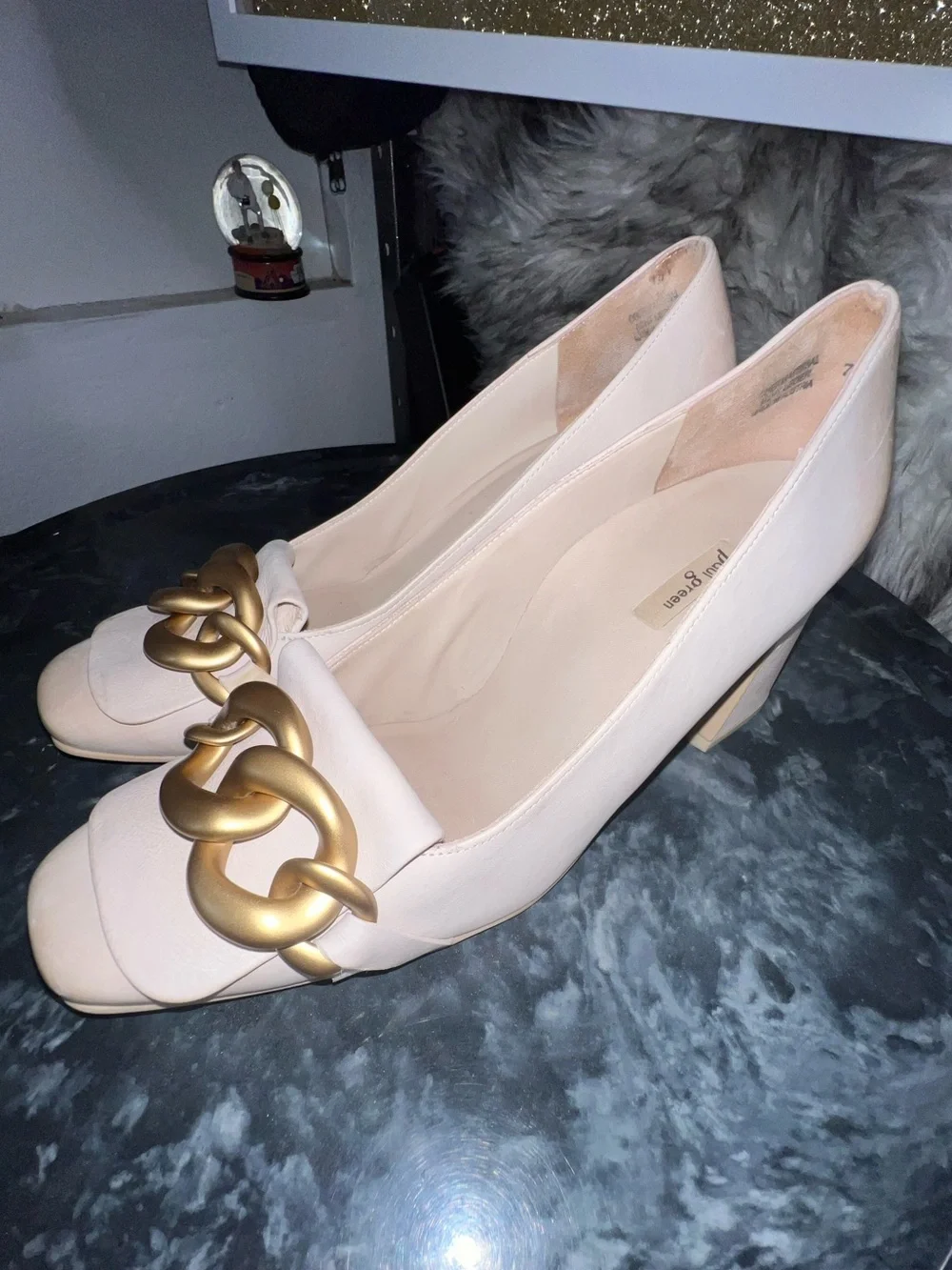 Paul Green Ozzie Leather Pump Heel Slip-On Beige Nude Leather Gold Chain - Picture 6 of 14